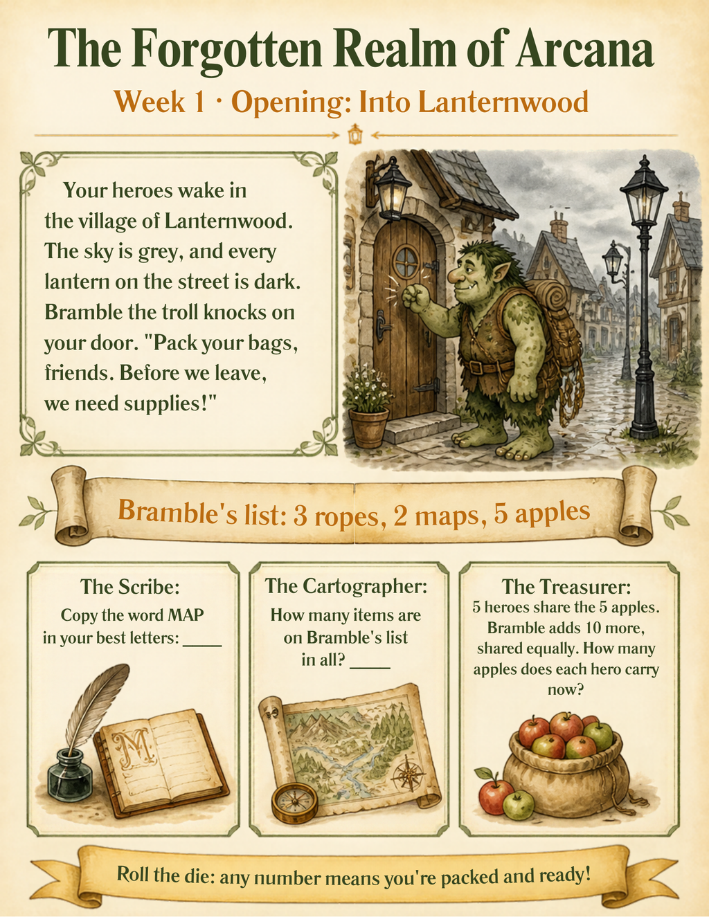 Week 1 quest page: Into Lanternwood, with Scribe, Cartographer and Treasurer challenges