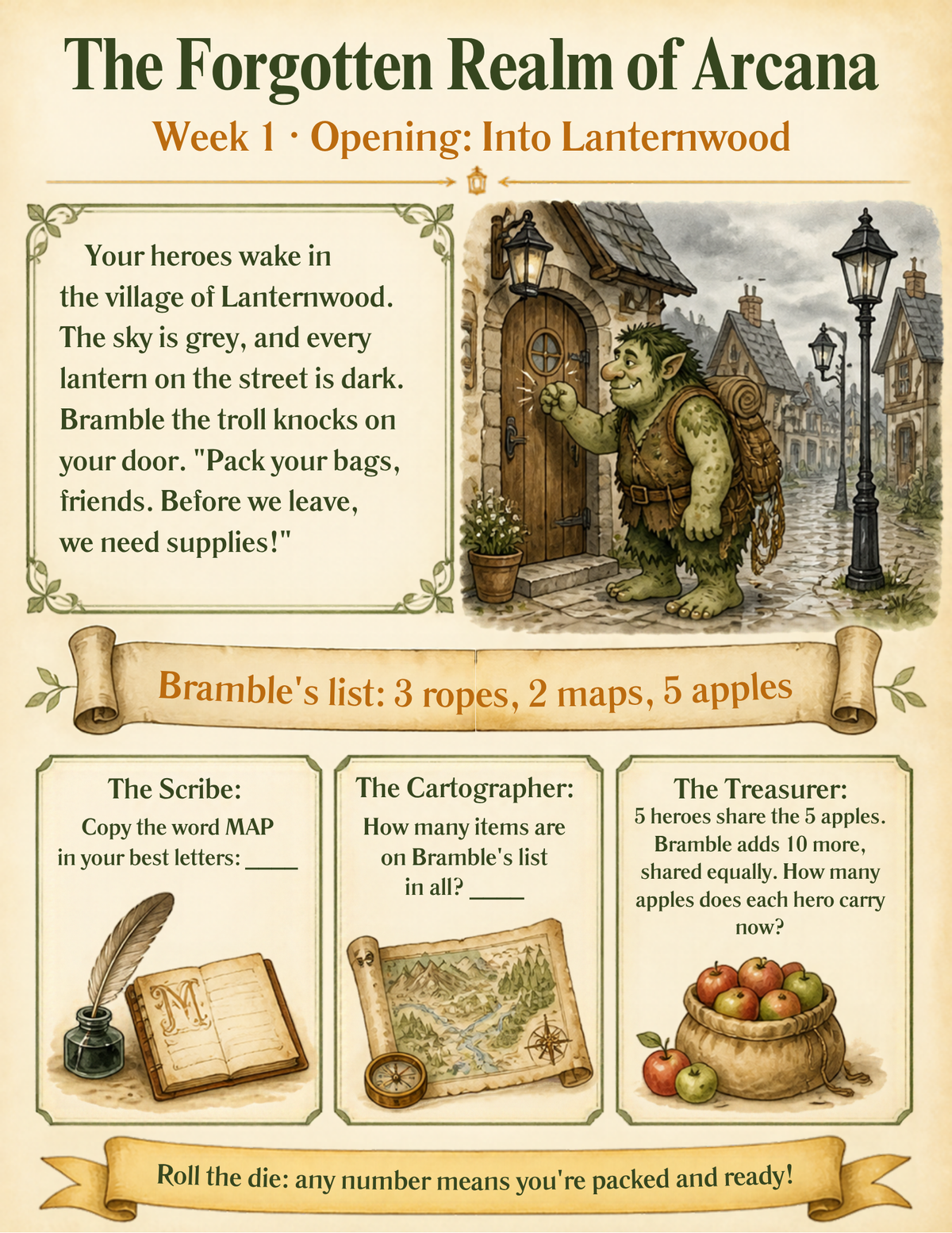 Week 1 quest page: Into Lanternwood, with Scribe, Cartographer and Treasurer challenges