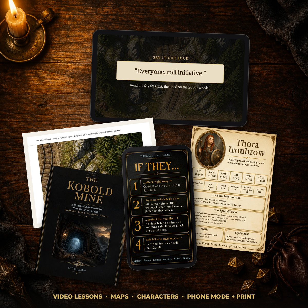 Video lesson on a tablet, printable battle map, character sheet, Prep Guide and Phone Mode