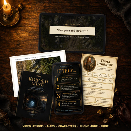 Video lesson on a tablet, printable battle map, character sheet, Prep Guide and Phone Mode