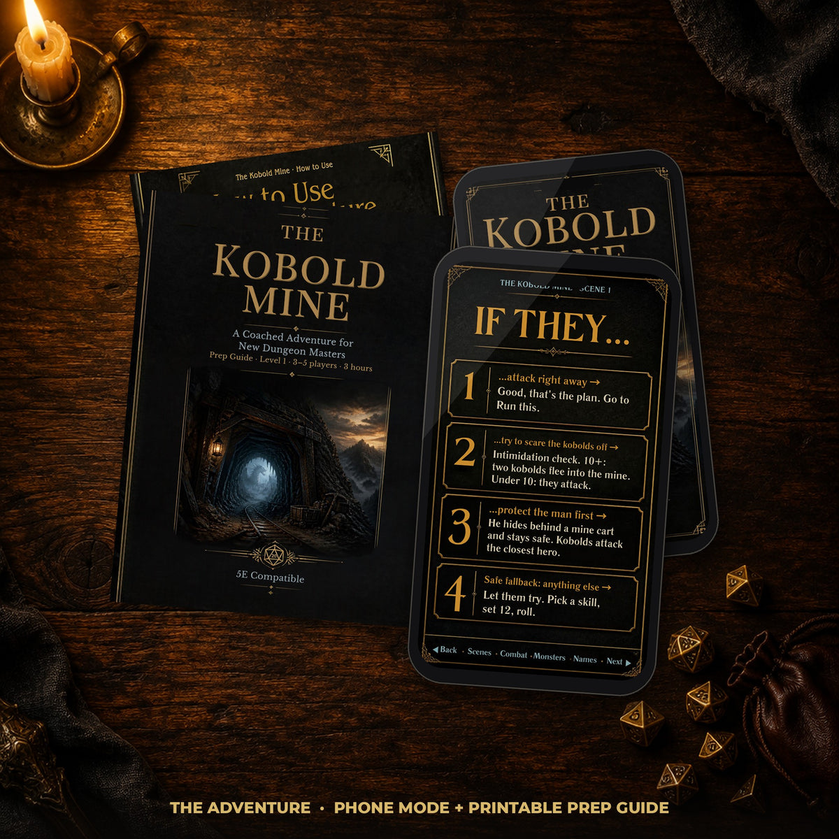The Kobold Mine Phone Mode on a phone next to the printable Prep Guide