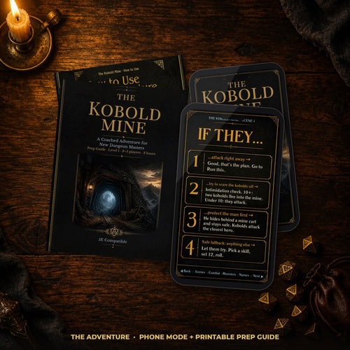 The Kobold Mine Phone Mode on a phone next to the printable Prep Guide
