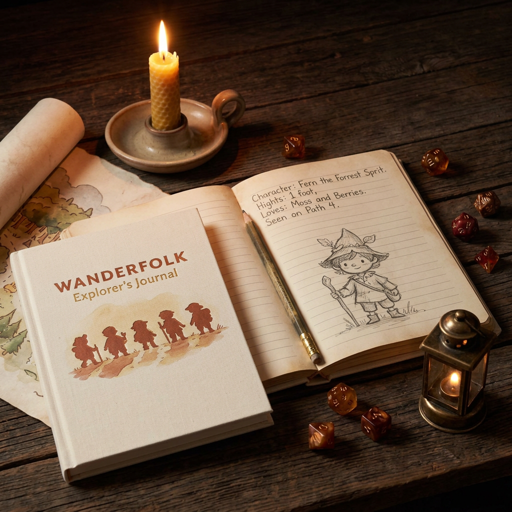 Wanderfolk Explorer's Journal open on a candlelit table with a child's character sketch, dice, and a lantern