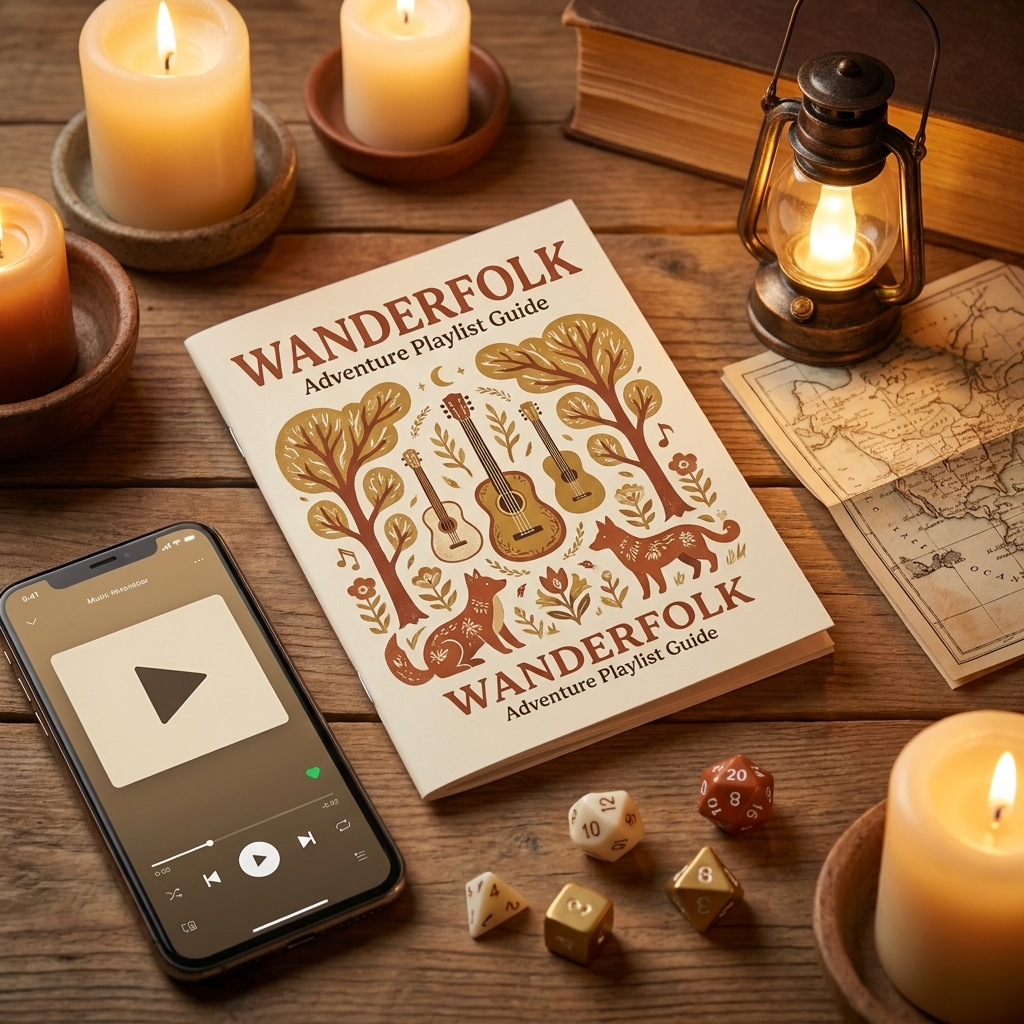 Wanderfolk Adventure Playlist Guide booklet on a candlelit table with a phone showing a music player, dice, and a map