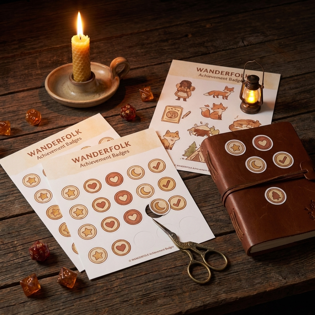 Wanderfolk Achievement Badges sticker sheets with scissors, dice, and a journal with badges stuck on the cover